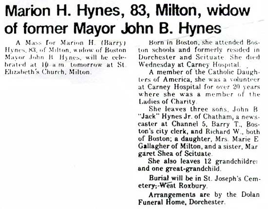 Obituary of Marion H. Hynes, wife of John B. Hynes