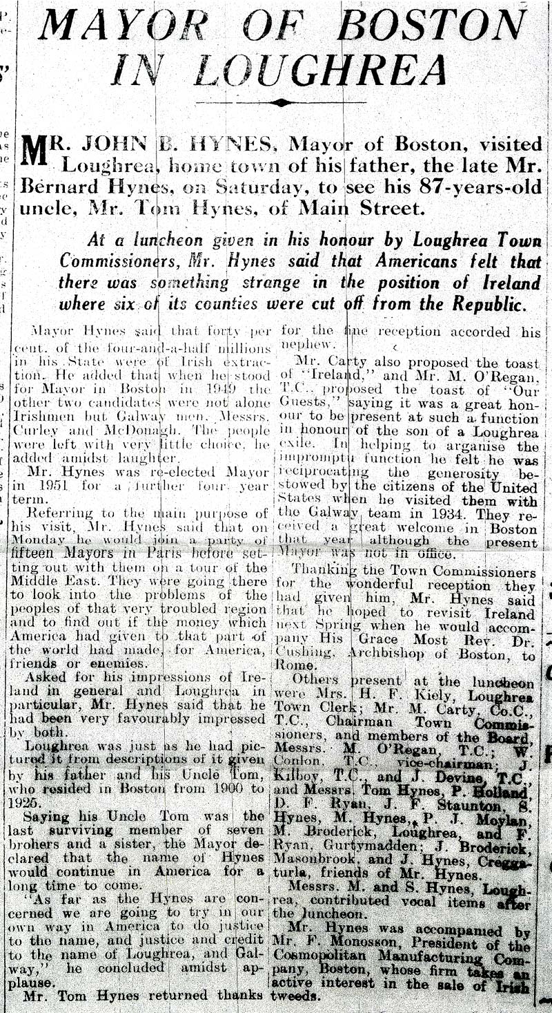 Mayor of Boston in Loughrea - Connacht Tribune 24/10/1953
